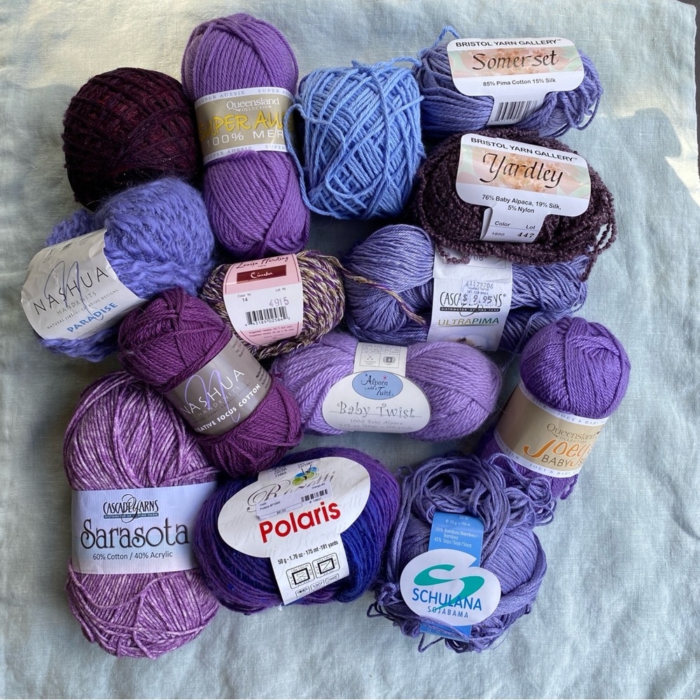 Lot of 14 purple yarn skeins alpaca Merino wool silk cotton
